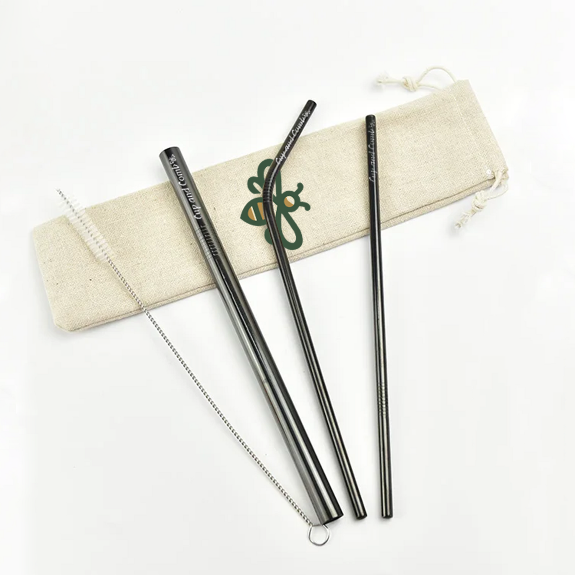 Top view of eco-friendly black 3-piece metal straw set with cleaner and reusable bag, perfect for sustainable drinking