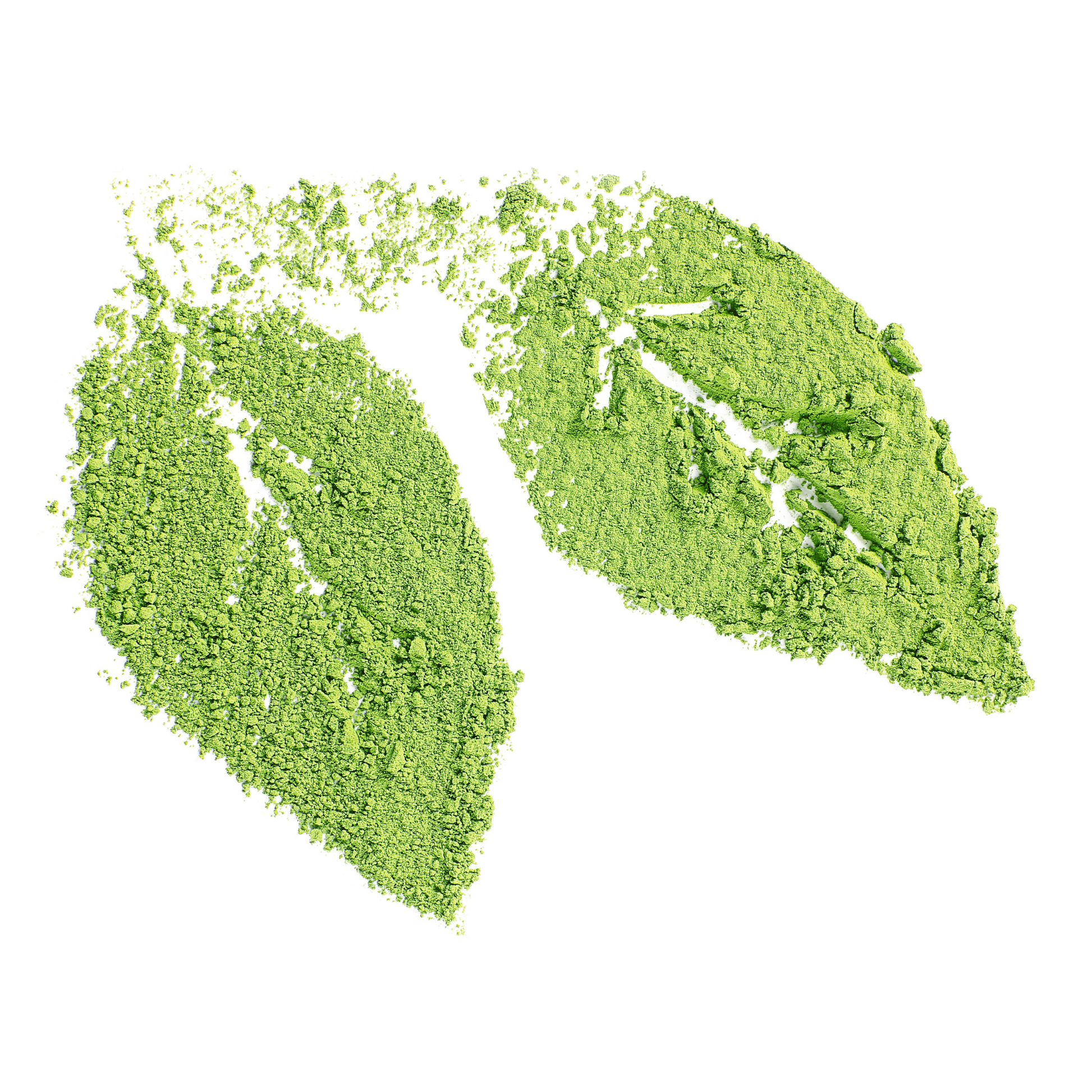 Matcha powder artistically shaped like green tea leaves against a white background.