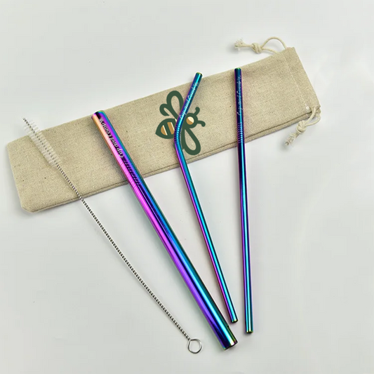 Top view of eco-friendly rainbow colored 3-piece metal straw set with cleaner and reusable bag, perfect for sustainable drinking