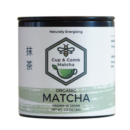 Front view with transparent background of organic ceremonial grade matcha tin, premium quality